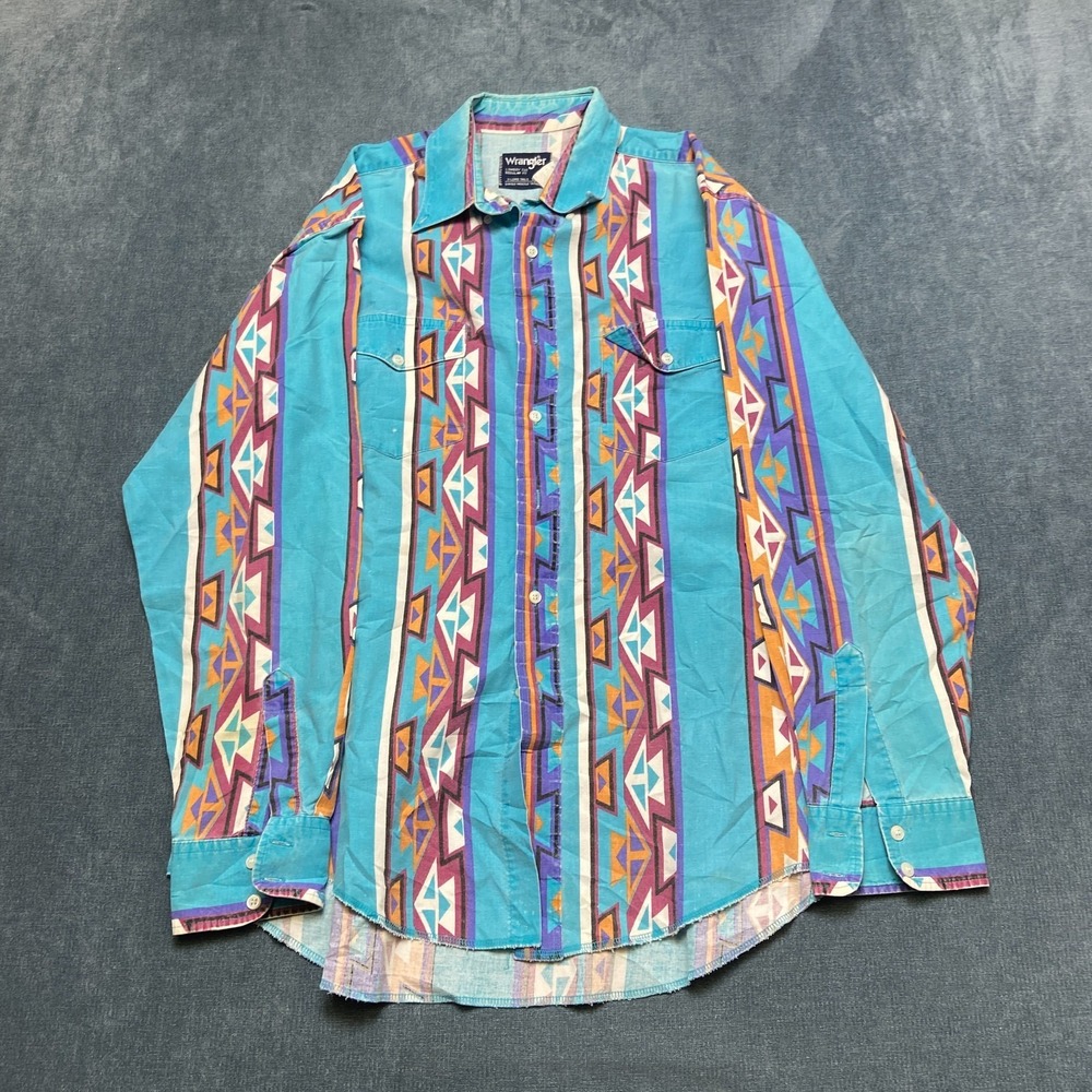 Vtg Wrangler Dress Shirt Men 16.5-34 Multicolor Aztec Brushpopper Cowboy Western